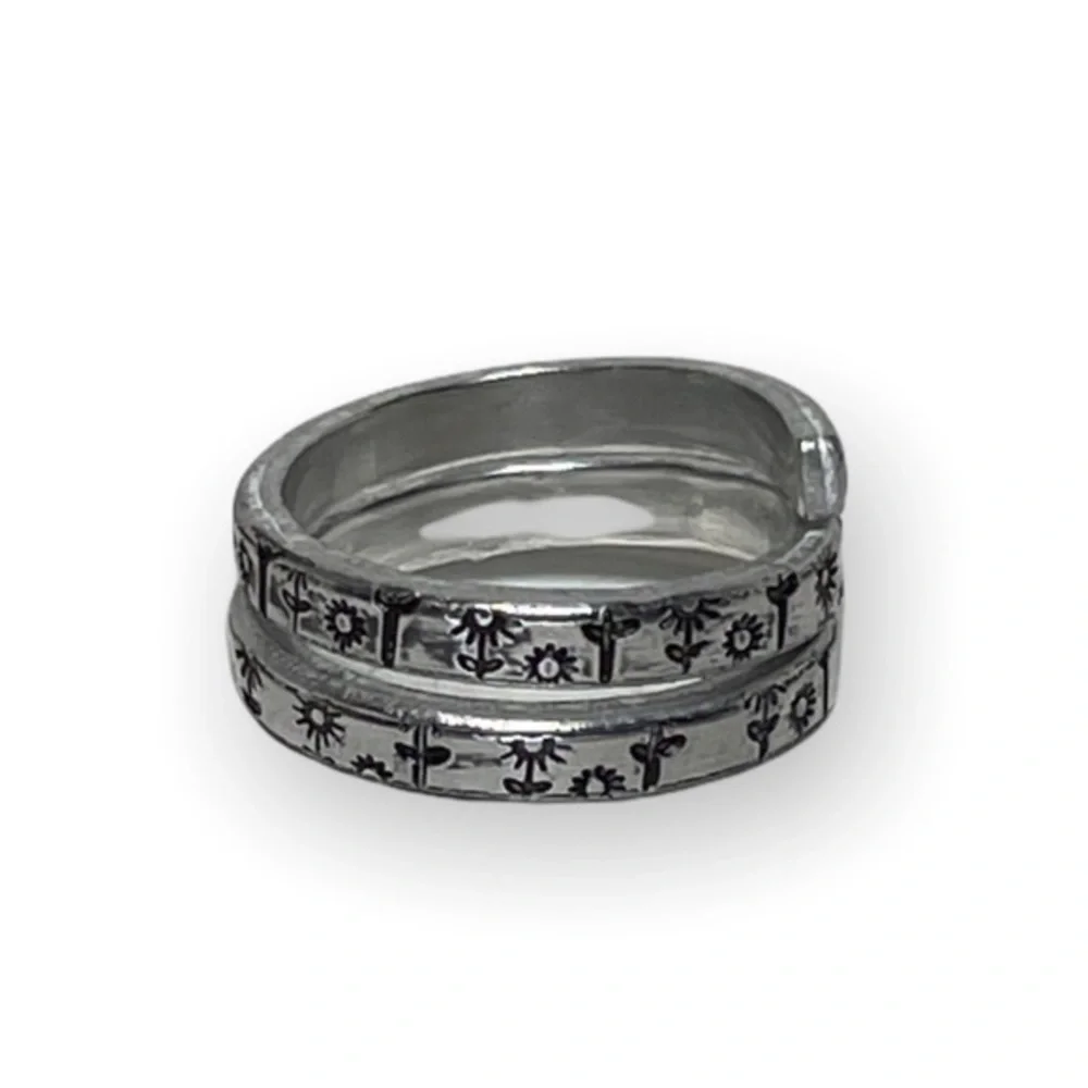 Handmade 8‎ stamped flower pattern silver adjustable hypoallergenic wrap ring